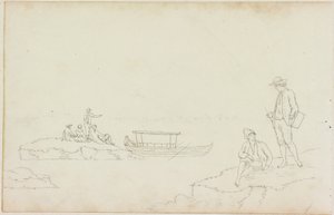 Mies kalastaa ja ihmiset rentoutuvat joen rannoilla (kynä paperille (paperille M752:lla))
